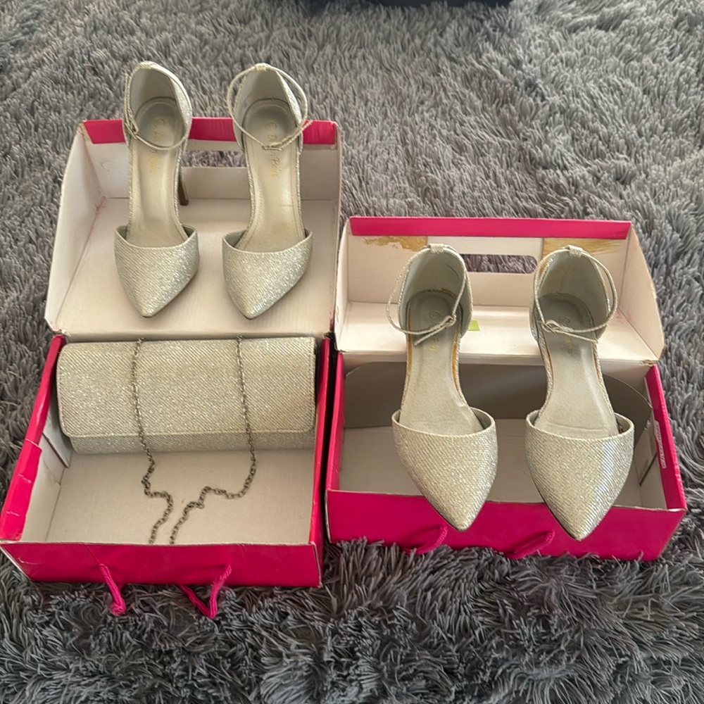 Sparkling glitter silver shoe/purse set.
